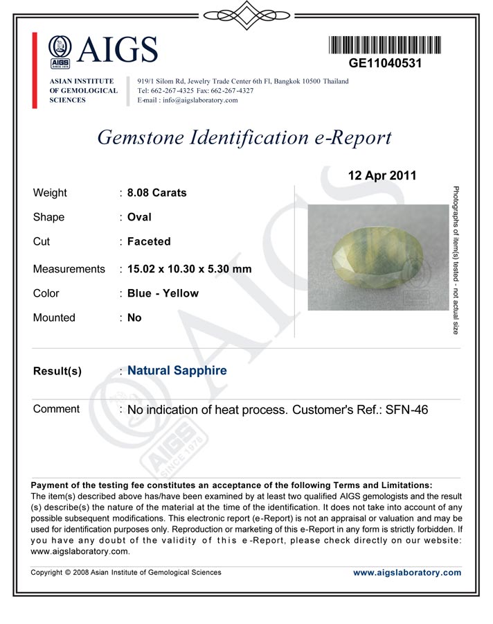 8.08-Carat Unheated Bi-Color Sapphire from Guinea (AIGS) - Click Image to Close