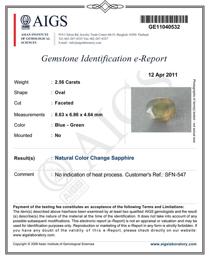 2.56-Carat AIGS-Certified Unheated Color-Change Sapphire - Click Image to Close