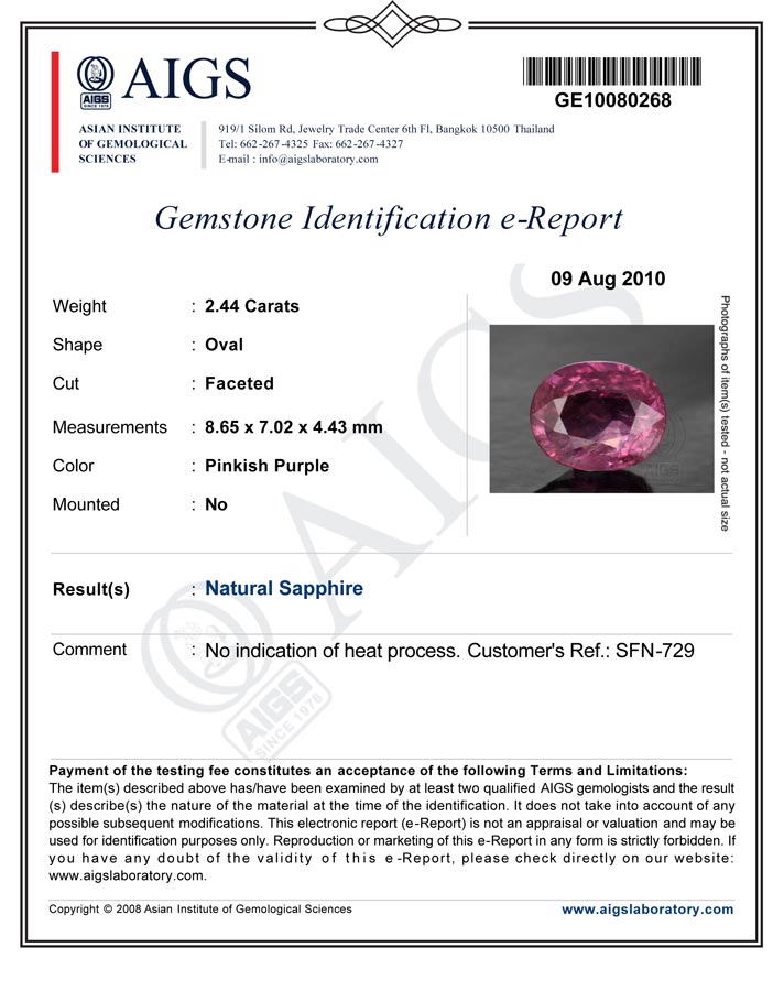 2.44-Carat Lustrous Pinkish Purple Unheated Sapphire (AIGS) - Click Image to Close