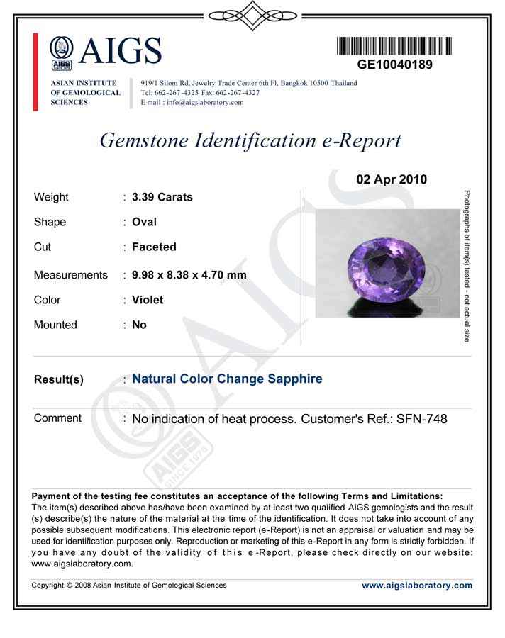 3.39-Carat High Grade Unheated Color-Change Sapphire (AIGS) - Click Image to Close