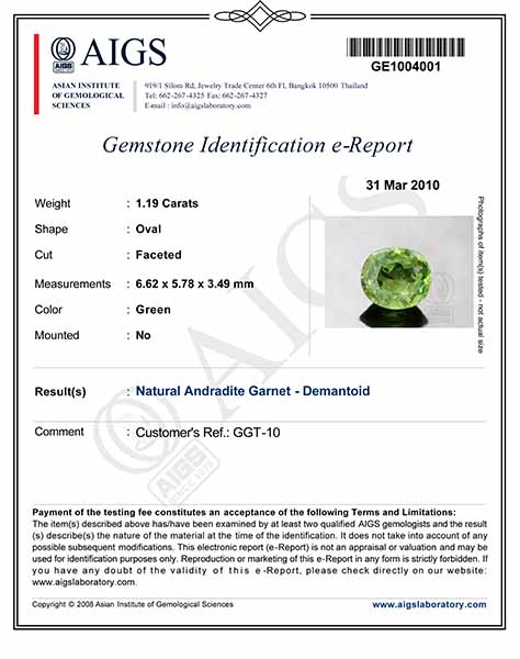 1.19-Carat Rare Intense Green Demantoid Garnet (AIGS-Certified) - Click Image to Close