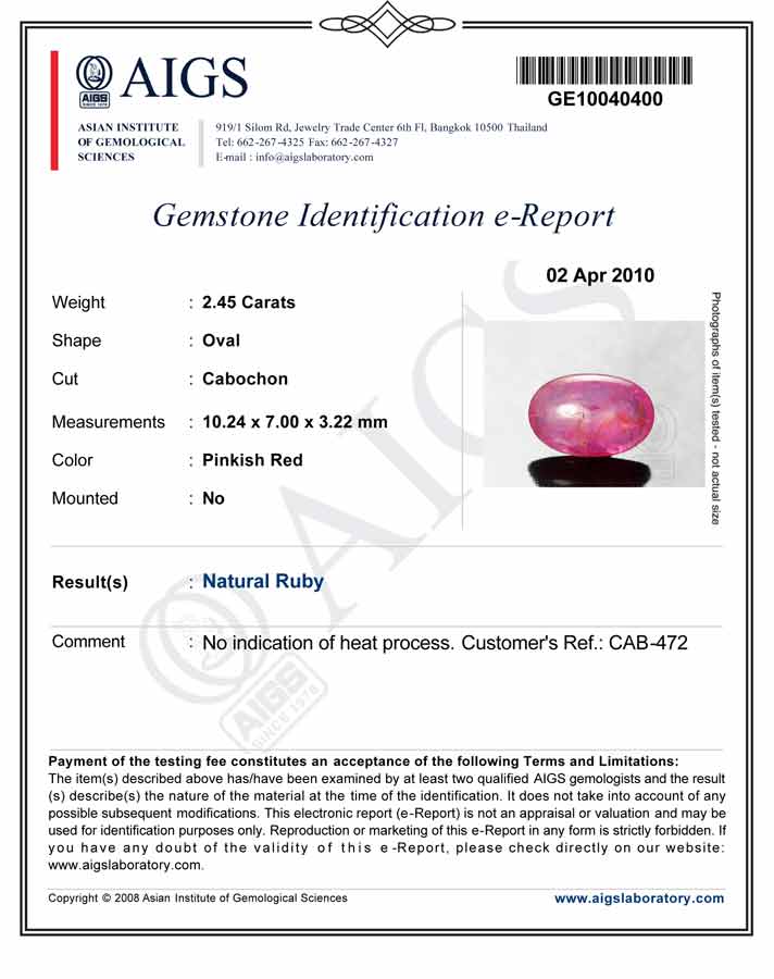 2.45-Carat Pinkish Red Ruby Cabochon from Vietnam (AIGS) - Click Image to Close