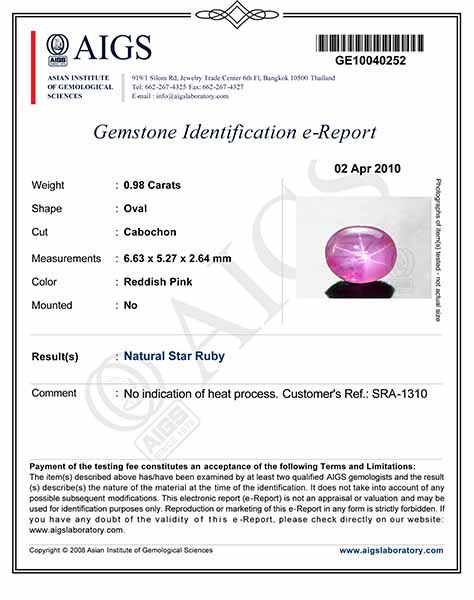 0.98-Carat Pinkish Red Burmese Star Ruby (AIGS-Certified) - Click Image to Close