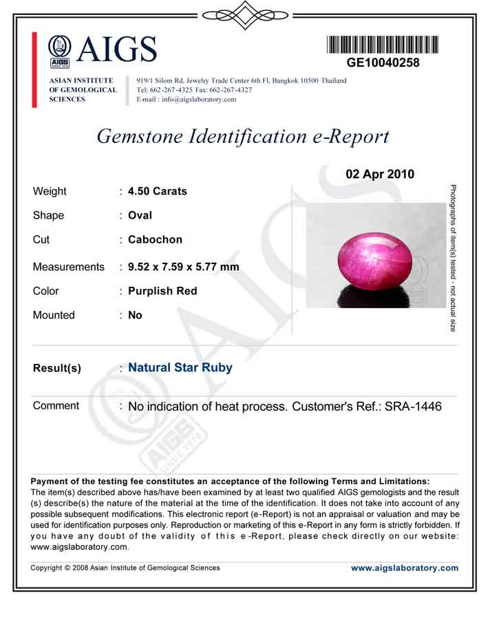 4.50-Carat AIGS-Certified Star Ruby from Kenyan John Saul Mines - Click Image to Close