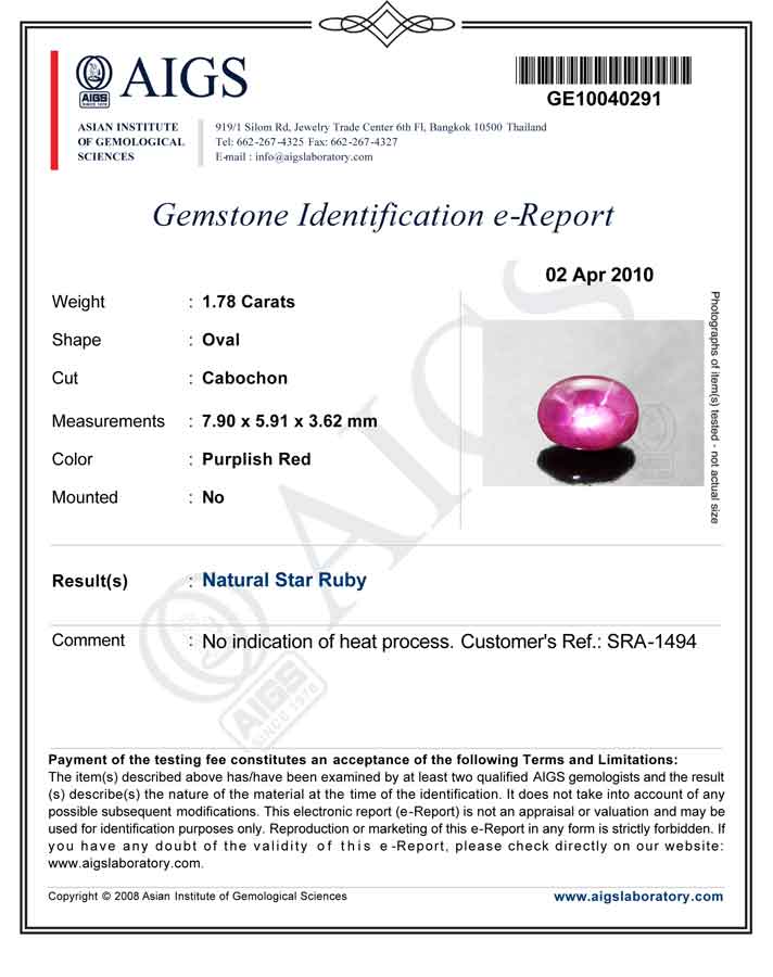 1.78-Carat Deep Magenta Red Star Ruby from Kenya (AIGS) - Click Image to Close