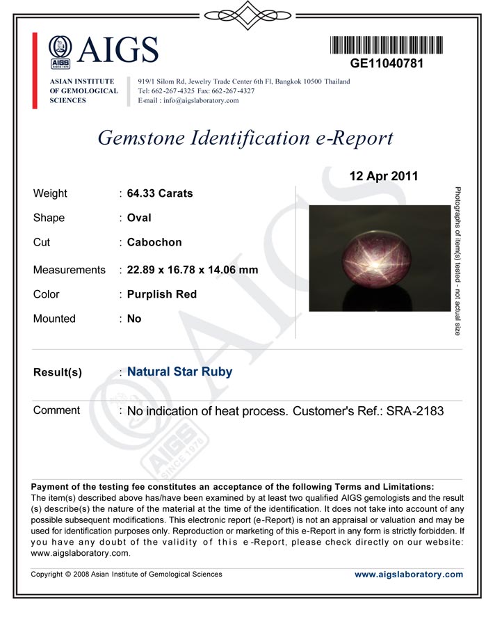 64.33-Carat Large Reddish Purple West-African Star Ruby (AIGS) - Click Image to Close