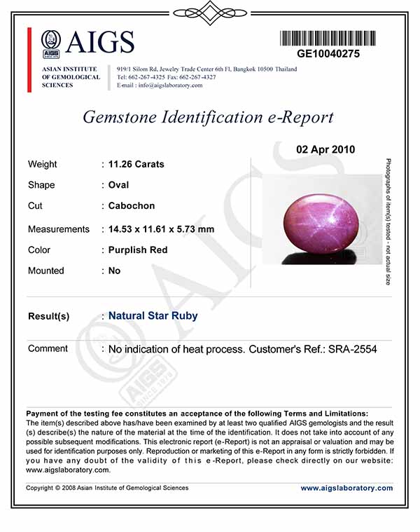 11.26-Carat Large Purplish Red Star Ruby from Vietnam (AIGS) - Click Image to Close