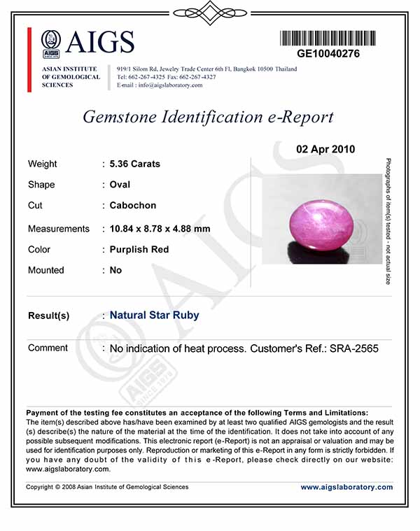 5.36-Carat Attractive Pinkish Red Vietnamese Star Ruby (AIGS) - Click Image to Close