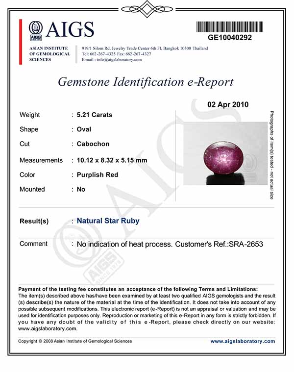 5.21-Carat AIGS-Certified Unheated Indian Star Ruby - Click Image to Close