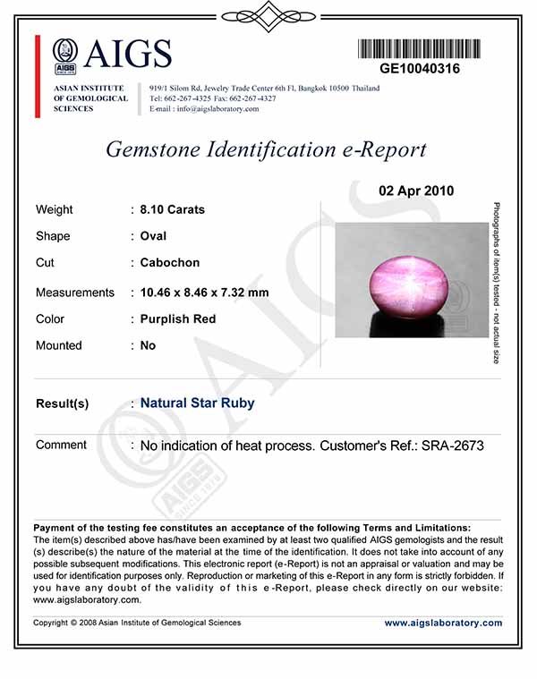 8.10-Carat Purplish Pink Star Ruby from India with Sharp Star - Click Image to Close