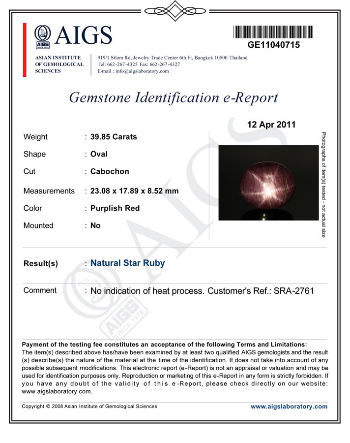 39.85-Carat Majestic Dark Purplish Red AIGS-Certified Star Ruby - Click Image to Close