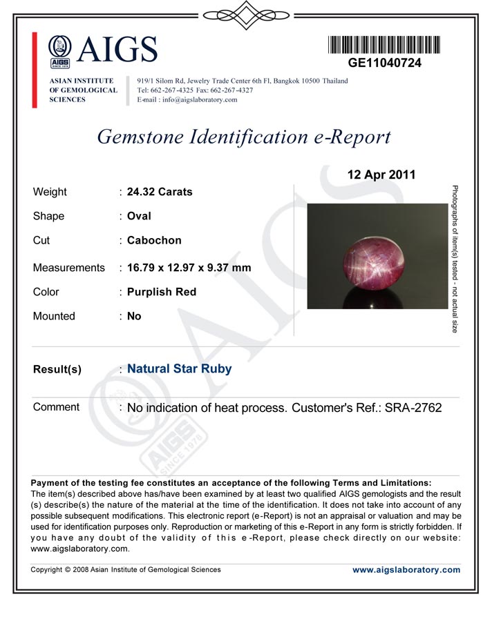 24.32-Carat AIGS-Certified Unheated Pinkish Purple Star Ruby - Click Image to Close