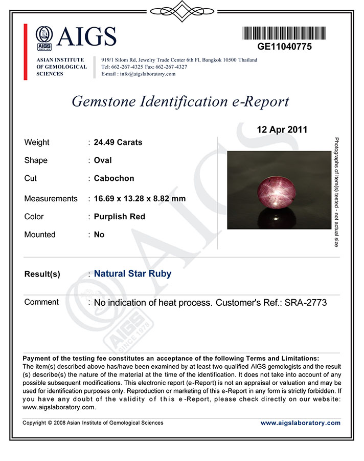 24.49-Carat Large Purplish Red Star Ruby from India (Unheated) - Click Image to Close