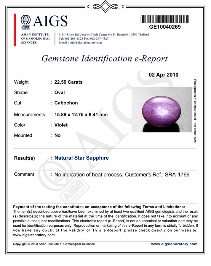 22.59-Carat Attractive Violet Star Sapphire from India (AIGS) - Click Image to Close