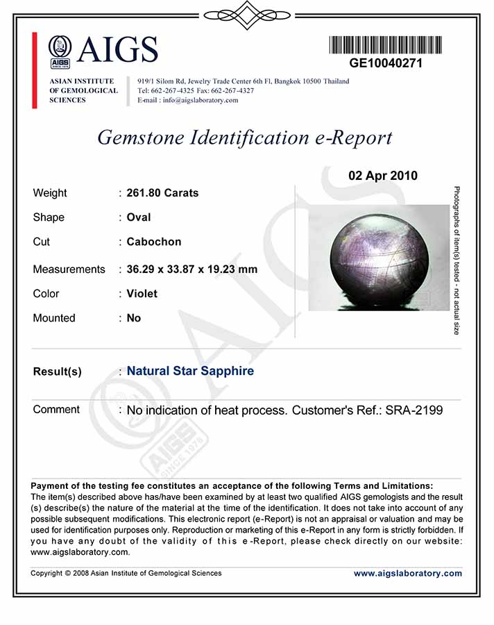 261.80-Carat Massive AIGS-Certified Natural Purple Star Sapphire - Click Image to Close