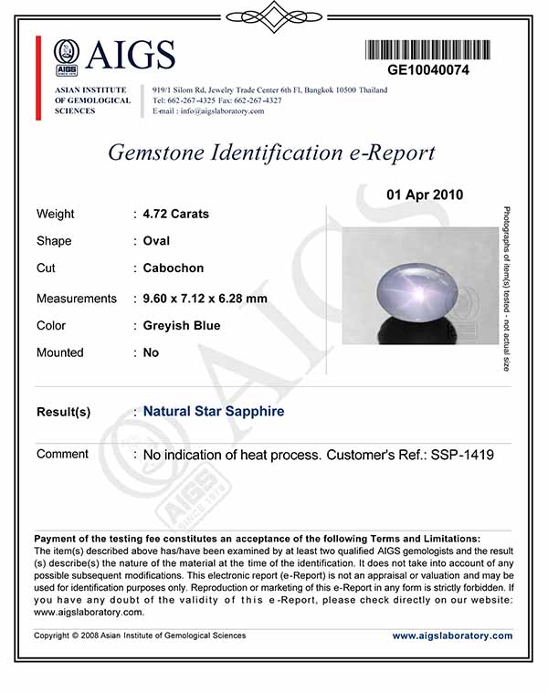 4.72-Carat Greyish Blue Star Sapphire with Sharp Star (AIGS) - Click Image to Close