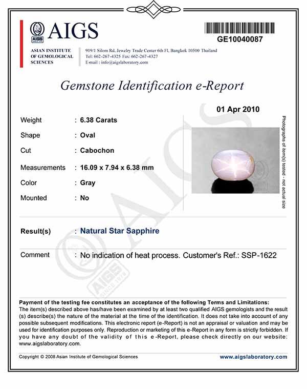 6.38-Carat AIGS-Certified Greyish White Sri Lankan Star Sapphire - Click Image to Close