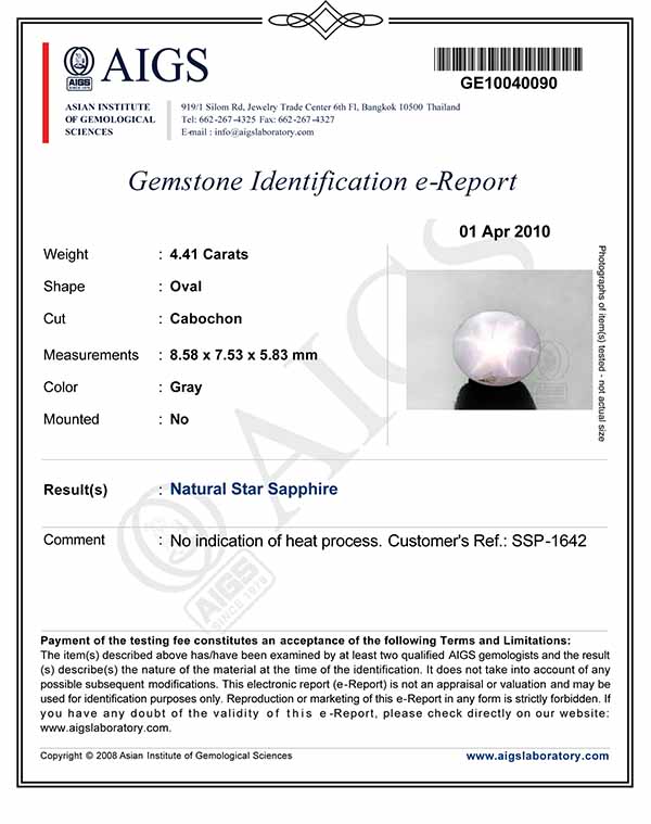 4.41-Carat Pinkish Grey Star Sapphire from Sri Lanka (AIGS) - Click Image to Close