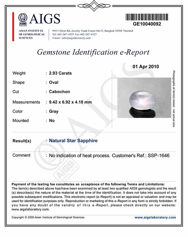 2.93-Carat Wonderful VVS-Clarity Grey Star Sapphire (AIGS) - Click Image to Close