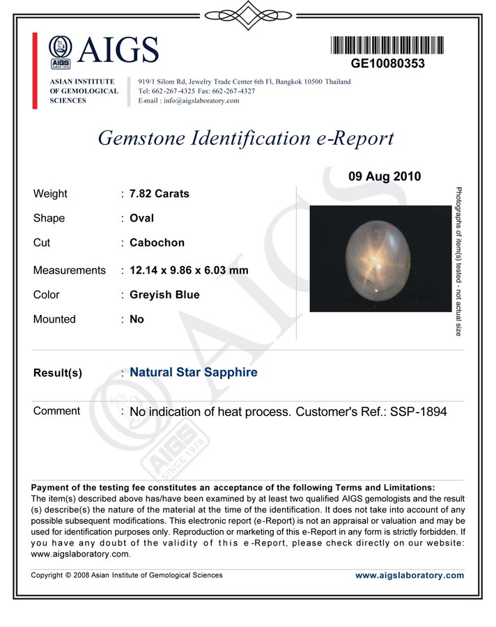 7.82-Carat Greyish White Star Sapphire from Burma (AIGS) - Click Image to Close