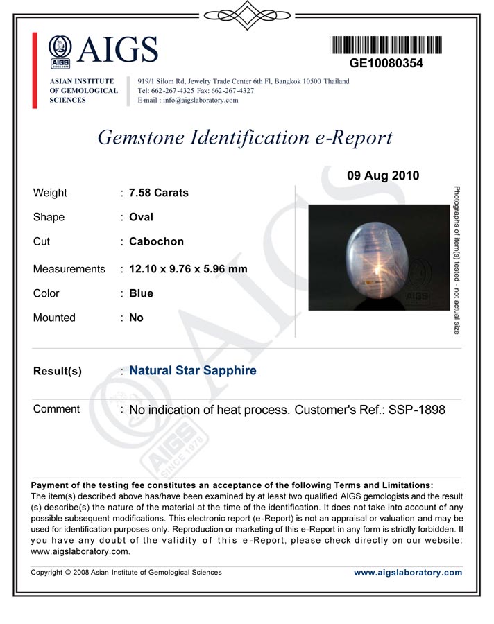 7.58-Carat Greyish Blue Star Sapphire with Super Sharp Star - Click Image to Close