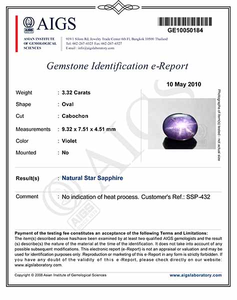3.32-Carat AIGS-Certified Violet Star Sapphire from Burma - Click Image to Close