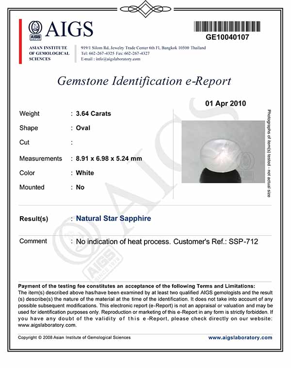 3.64-Carat Marvelous AIGS-Certified White Star Sapphire - Click Image to Close