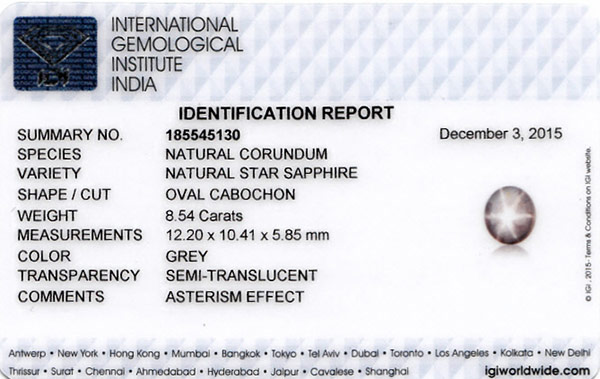 8.54-Carat Grey Star Sapphire from Sri Lanka (IGI-Certified) - Click Image to Close