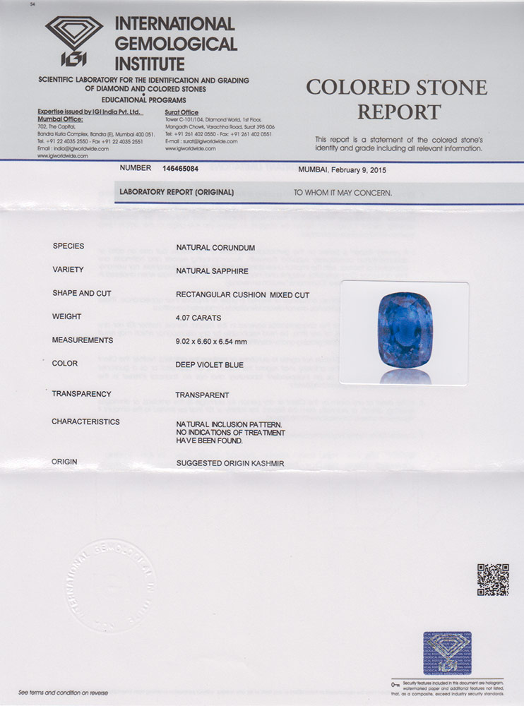 4.07-Carat Rare Unheated Royal Blue Kashmir Sapphire (GIA) - Click Image to Close