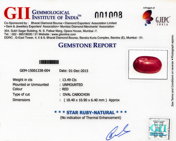 13.49-Carat Natural & Untreated Star Ruby from Quy Chau Mines - Click Image to Close