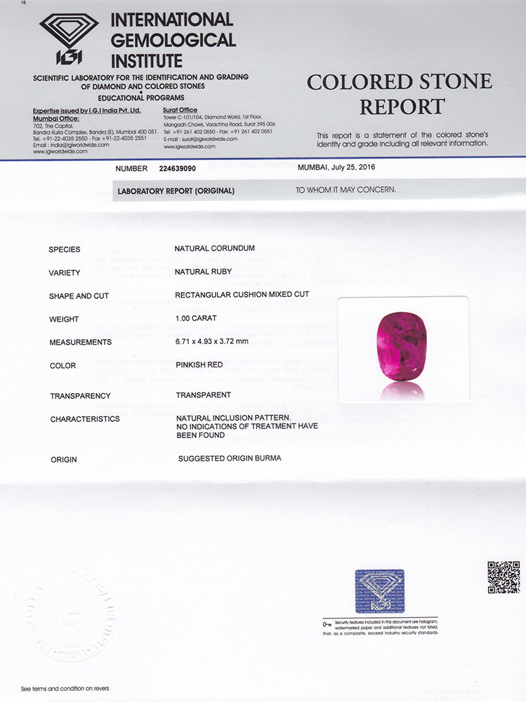 1.00-Carat Unheated Rich Pinkish Red Ruby from Burma (IGI) - Click Image to Close