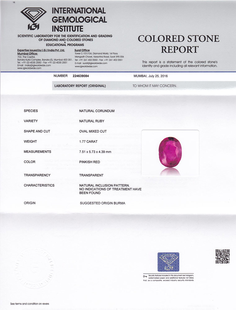 1.77-Carat Unheated Intense Pinkish Red Ruby from Burma (IGI) - Click Image to Close