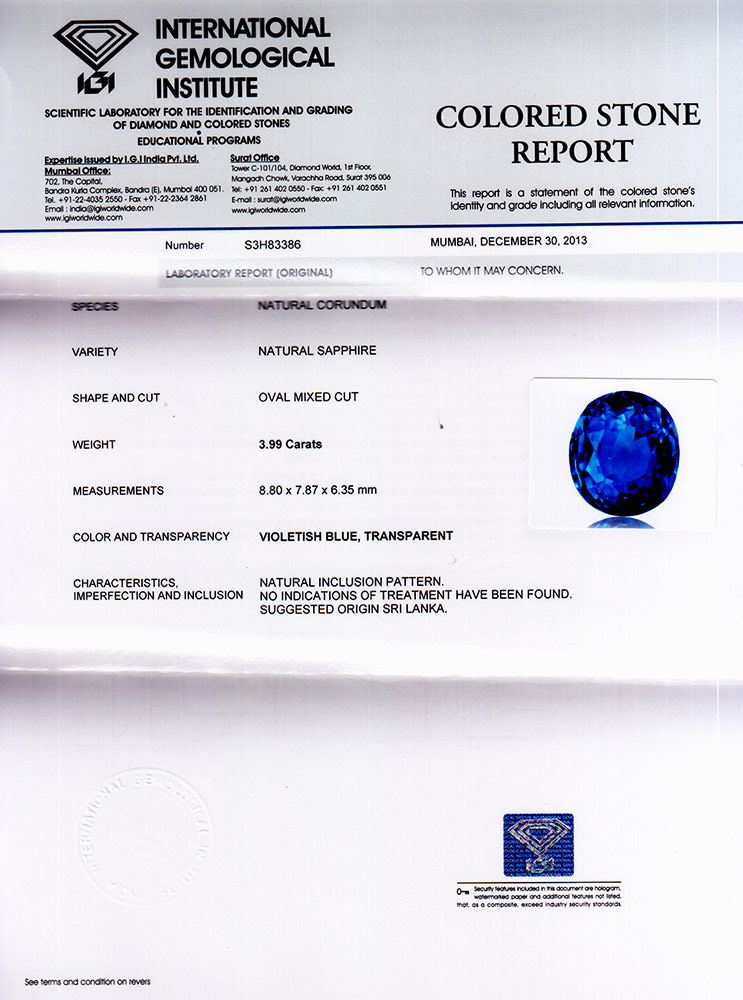 3.99-Carat Unheated VVS-Clarity Lustrous Blue Ceylonese Sapphire - Click Image to Close