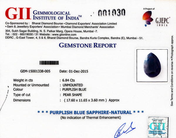 6.84-Carat Pear-Shaped Deep Bluish Purple Sapphire from Pakistan - Click Image to Close