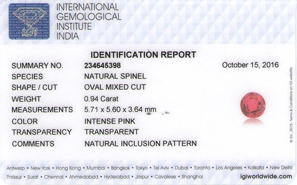 0.94-Carat Oval-Cut Eye-Clean Hot Pink Burmese Spinel (IGI) - Click Image to Close