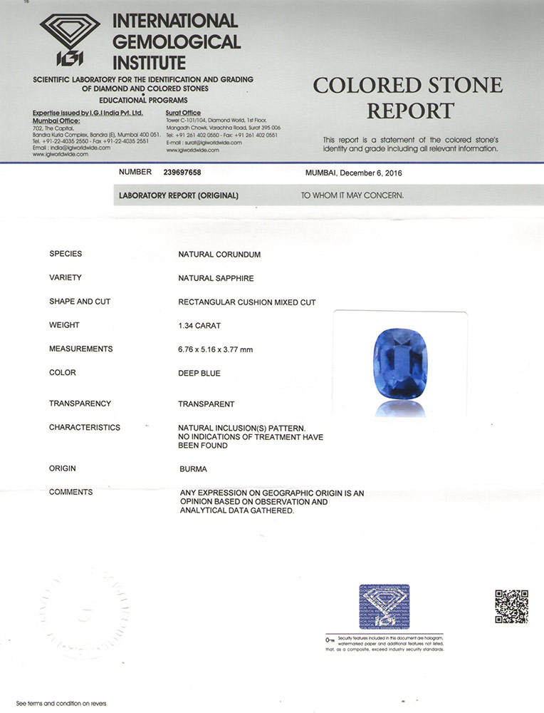 1.34-Carat Unheated VS-Clarity Intense Blue Burmese Sapphire - Click Image to Close
