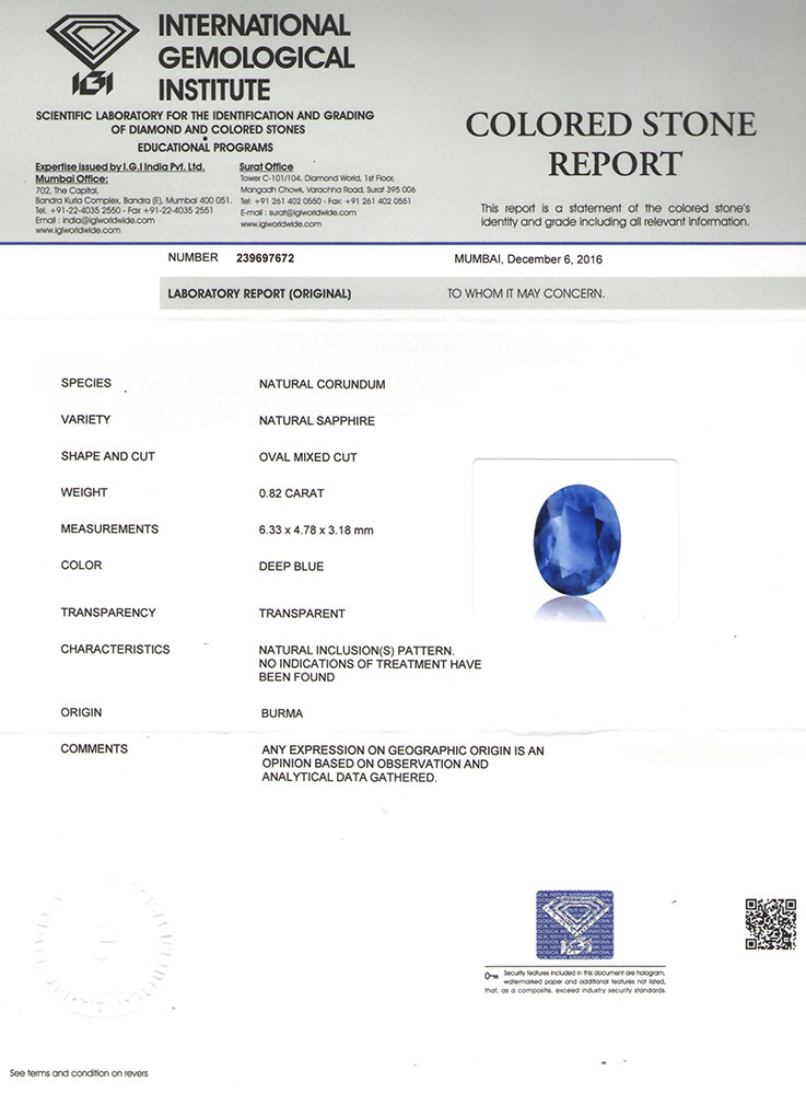 0.82-Carat Flawless Royal Blue Sapphire from Burma (Unheated) - Click Image to Close