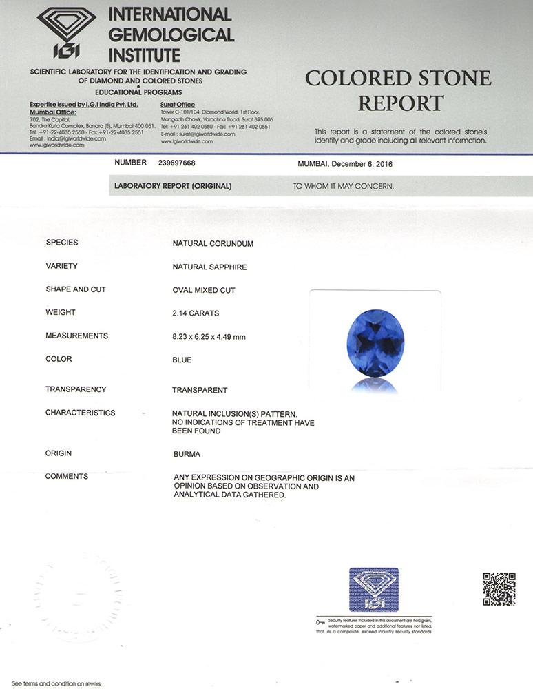 2.14-Carat VVS-Clarity Blue Sapphire from Burma (IGI-Certified) - Click Image to Close