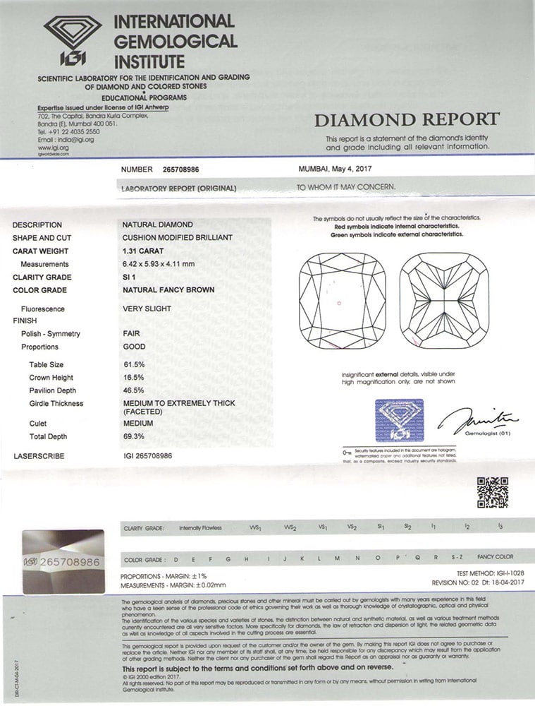 1.31-Carat IGI-Certified SI1-Clarity Fancy Brown Diamond - Click Image to Close