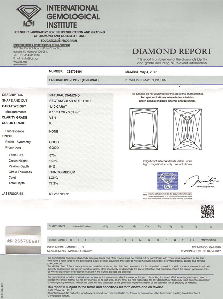 1.10-Carat IGI-Certified K-Color VS1-Clarity Rectangular Diamond - Click Image to Close
