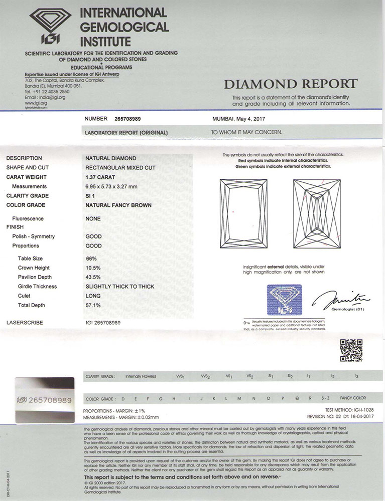 1.37-Carat Rectangular-Cut SI1-Clarity Fancy Brown Diamond (IGI) - Click Image to Close