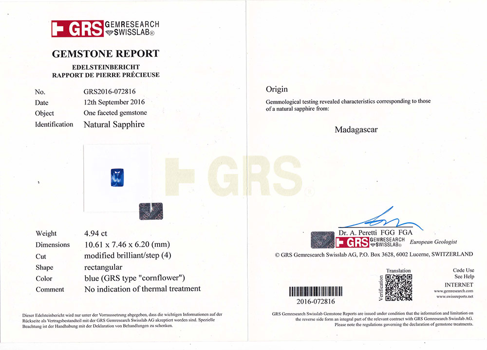 4.94-Carat GRS-Certified Unheated "Cornflower Blue" Sapphire - Click Image to Close