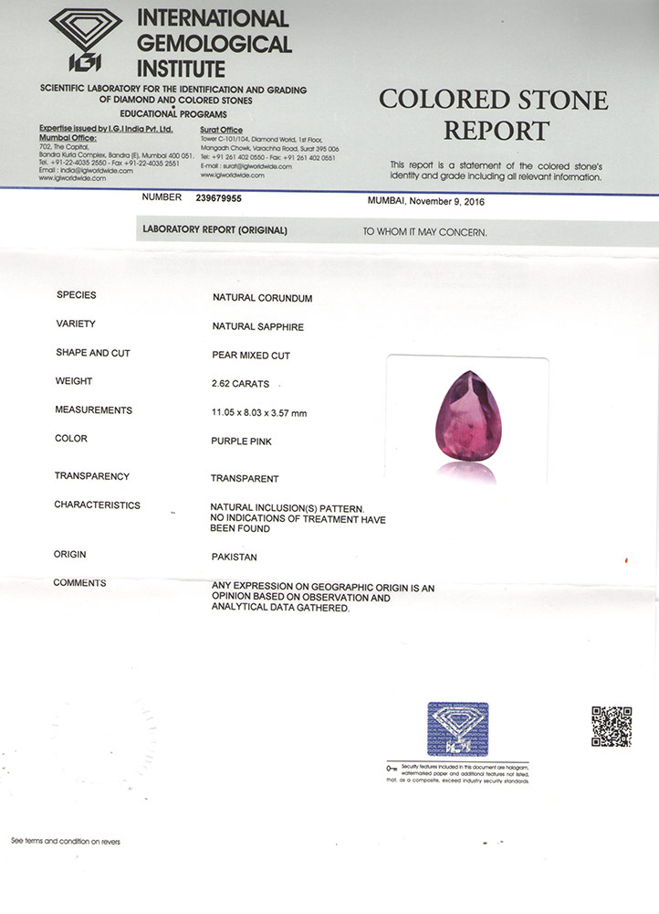 2.62-Carat IGI-Certified Unheated Pear-Shaped Pakistan Sapphire - Click Image to Close