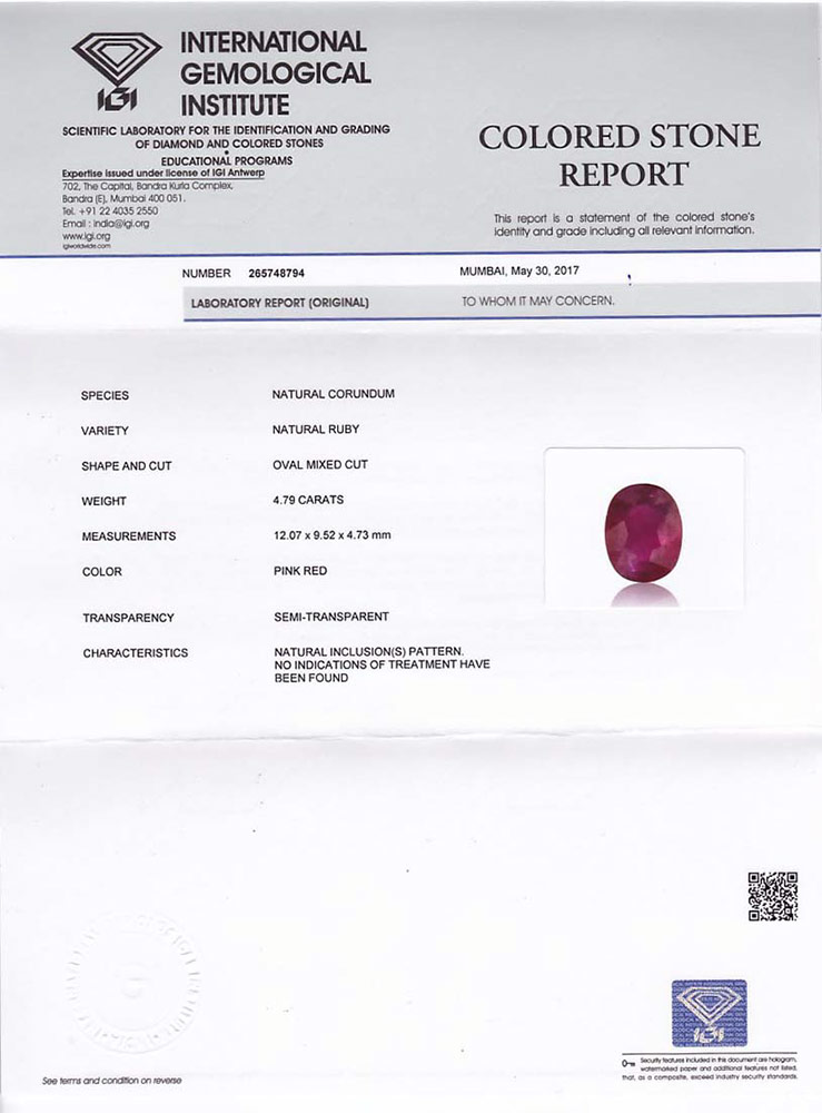 4.79-Carat IGI-Certified Unheated Deep Pinkish Red Ruby - Click Image to Close