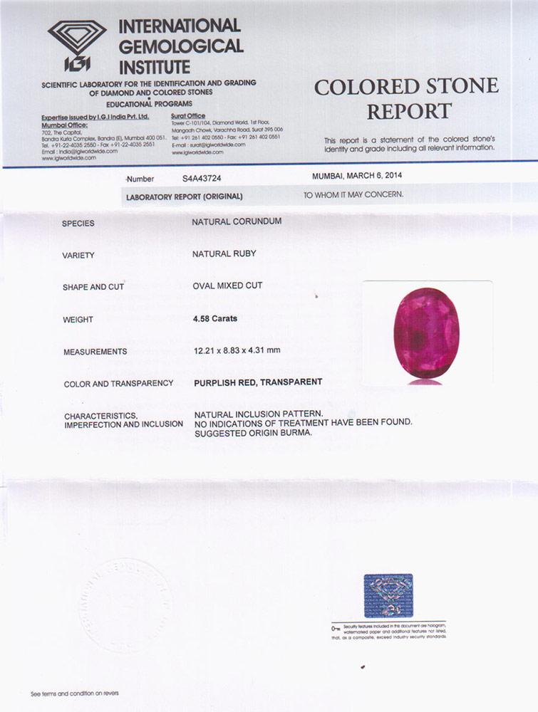4.58-Carat IGI-Certified Unheated Purplish Red Ruby from Burma - Click Image to Close