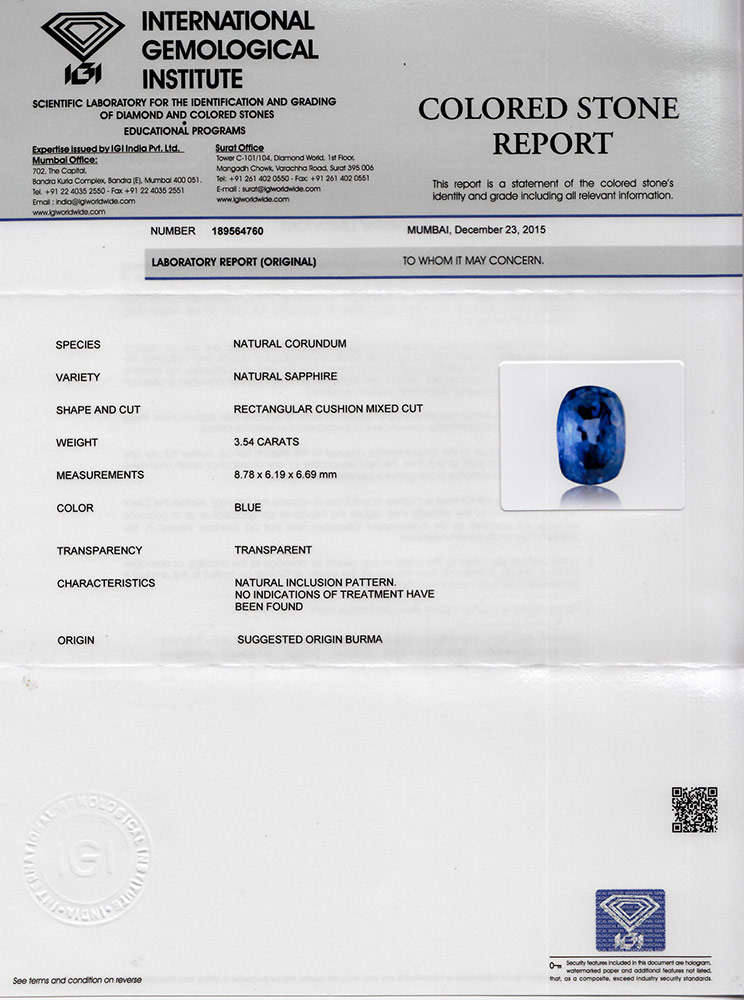 3.54-Carat IGI-Certified Unheated Lustrous Blue Burmese Sapphire - Click Image to Close