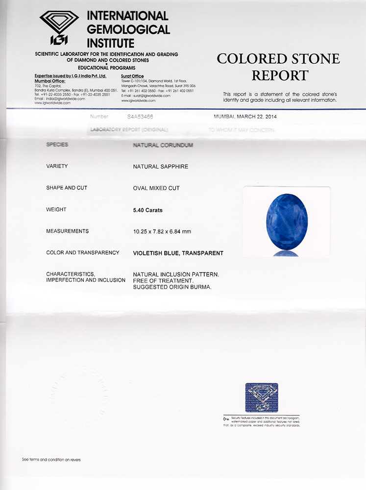 5.40-Carat IGI-Certified Unheated Blue Sapphire from Burma - Click Image to Close