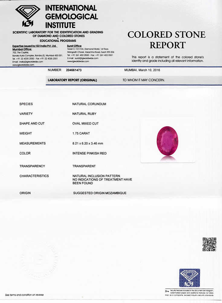 1.75-Carat Unheated Lively Pink Red Ruby from Mozambique (IGI) - Click Image to Close