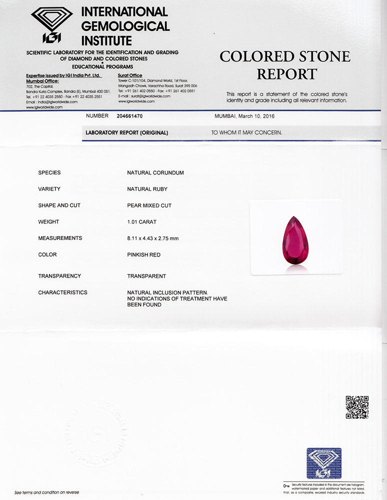 1.01-Carat Eye-Clean Pear-Shaped Intense Pinkish Red Ruby (IGI) - Click Image to Close