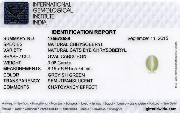 3.08-Carat IGI-Certified Greyish Green Chrysoberyl Cat's Eye - Click Image to Close